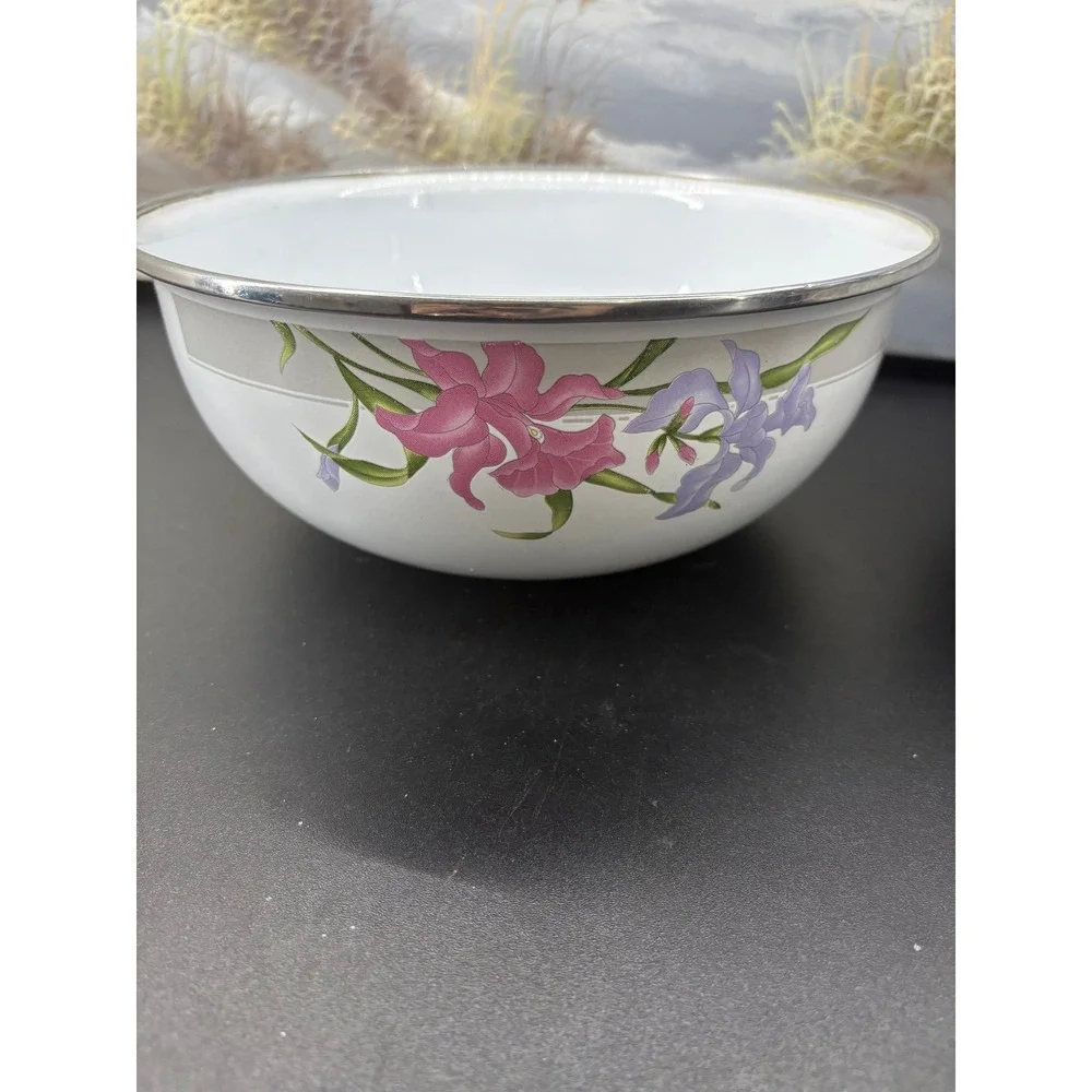 Vintage Enamel Floral Mixing Bowl Set White Pink Purple Iris Farmhouse 2pc